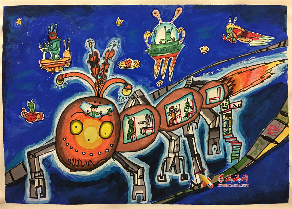查看原始大图 三等奖小学生科幻画《宇宙畅游》赏析(1)