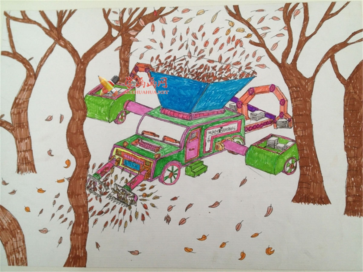 小学生优秀科幻画《吸树叶造纸车》欣赏(1)