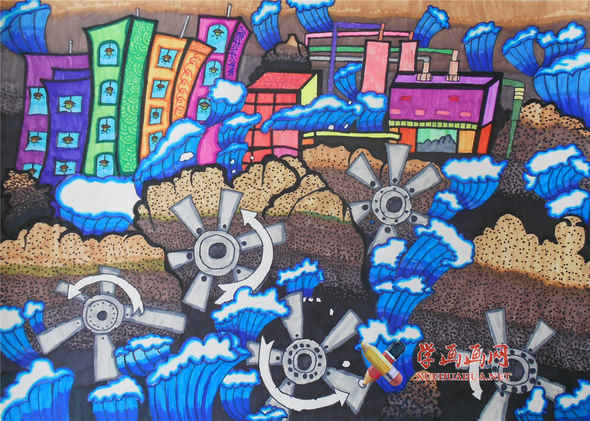 查看原始大图 儿童科幻画《海浪发电机》欣赏(1)