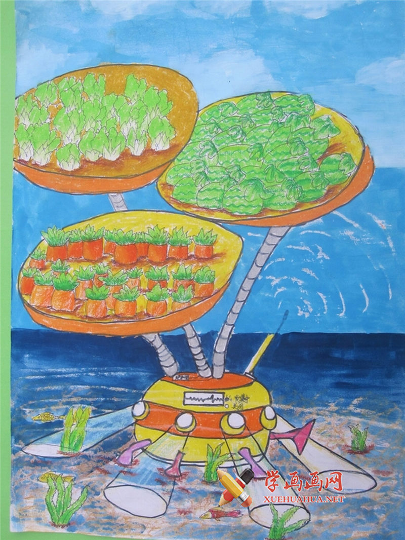 优秀六年级儿童科幻画《海上蔬菜基地》(1)