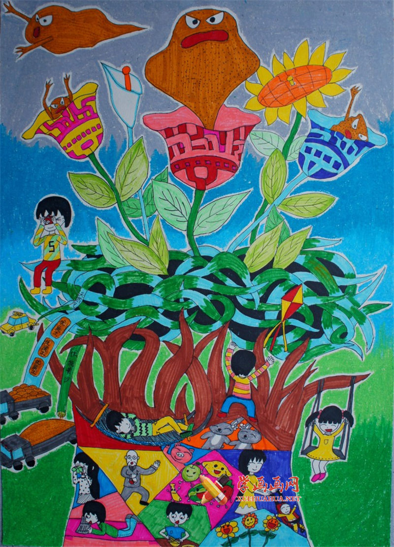五年级环保题材的小学生科幻画《洁净天空，和谐家园》(1)