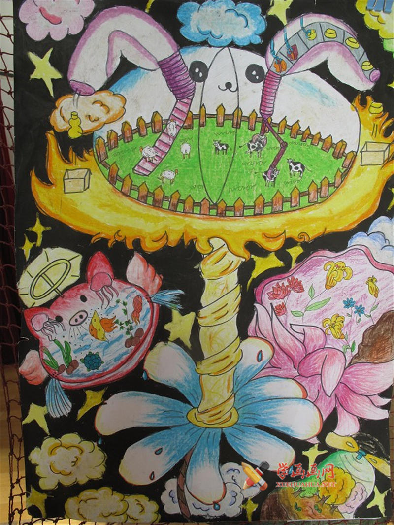 查看原始大图 六年级小学生获奖科幻画《空中牧场》(1)