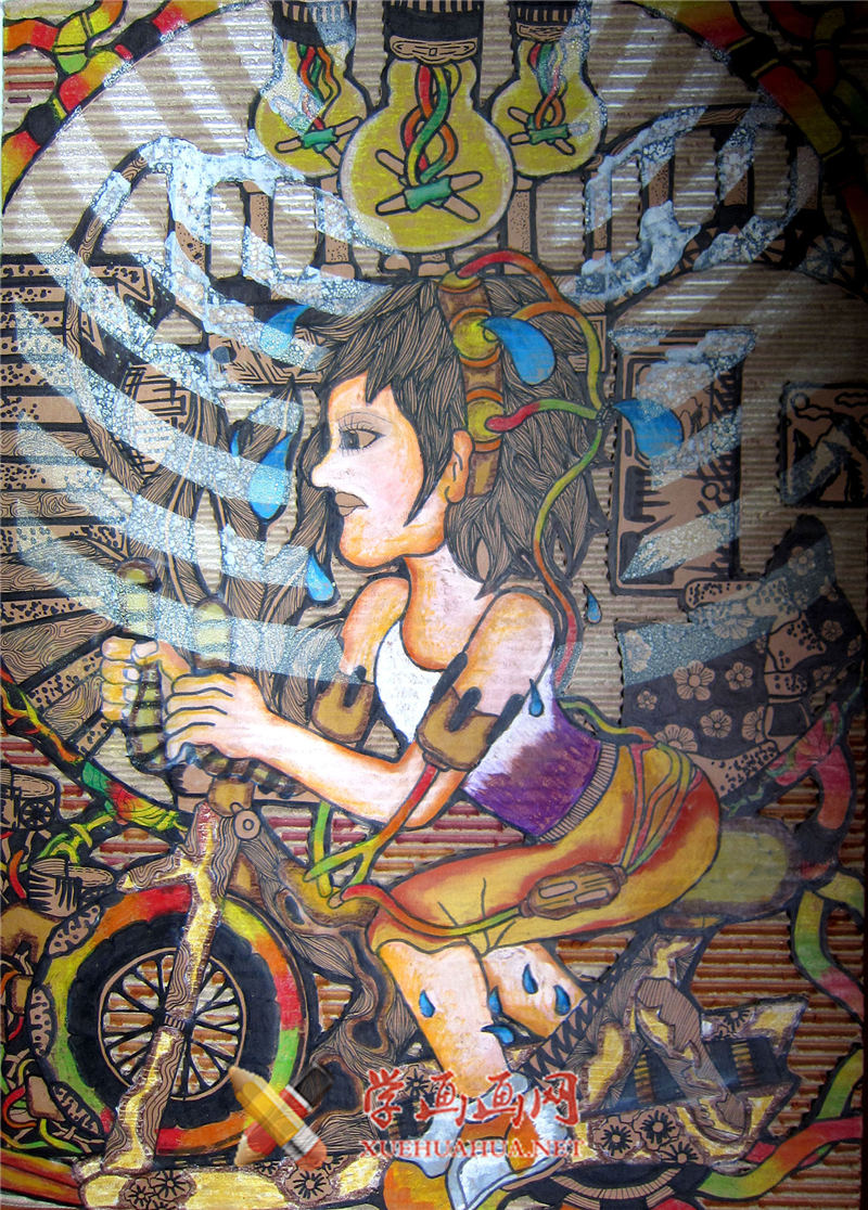 查看原始大图 小学生六年级优秀科幻画《运动发电机》(1)