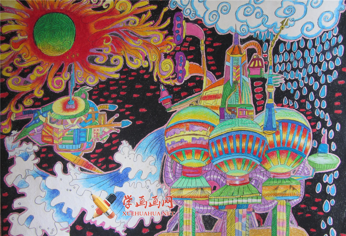 查看原始大图 二年级小学生优秀科幻画《太空能量采集站》赏析(1)