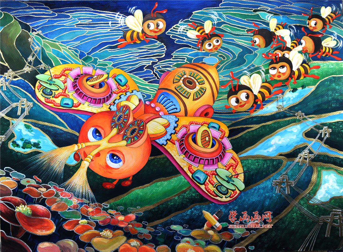 查看原始大图 初中二年级科幻画《防毒消磁蜂》赏析(1)