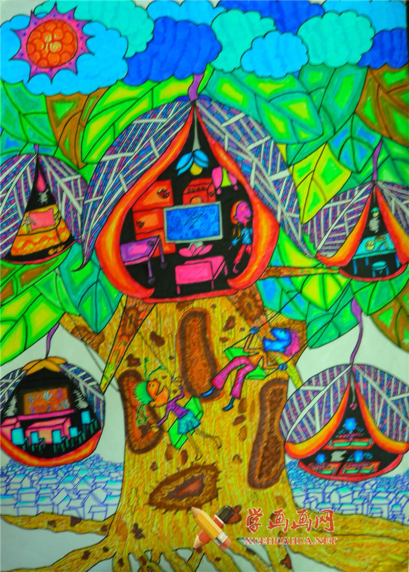 查看原始大图 六年级小学生优秀科幻画《轻云果实树》(1)