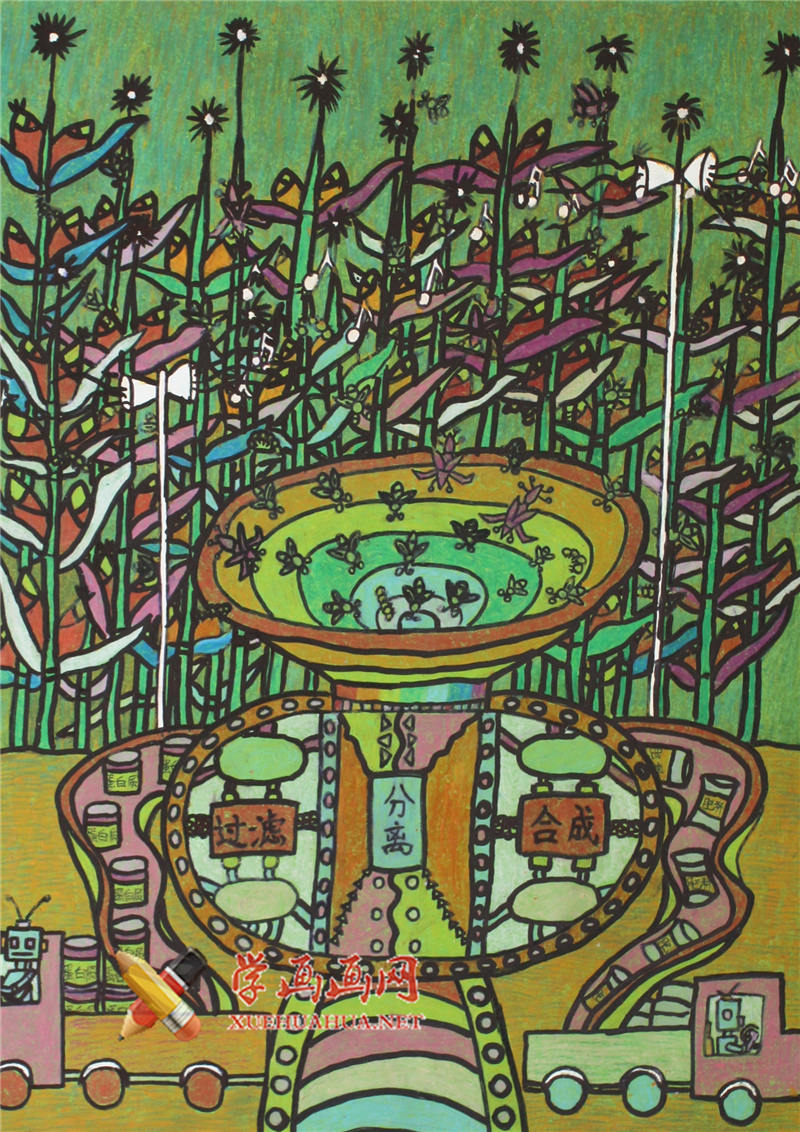 查看原始大图 小学生五年级科幻画作品《声纳捕虫机》(1)