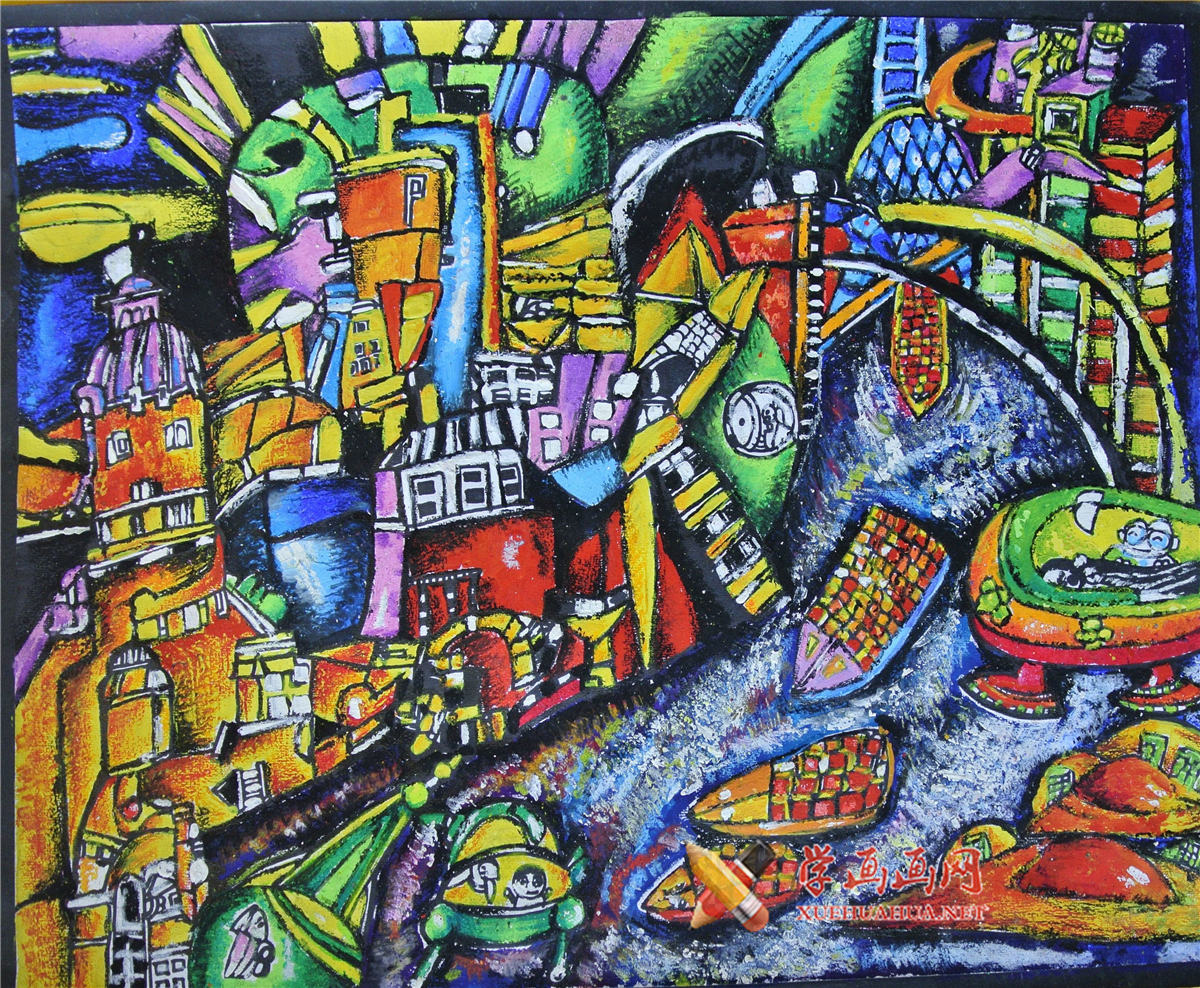 查看原始大图 三年级小学生优秀科幻画《未来的金融中心》赏析(1)