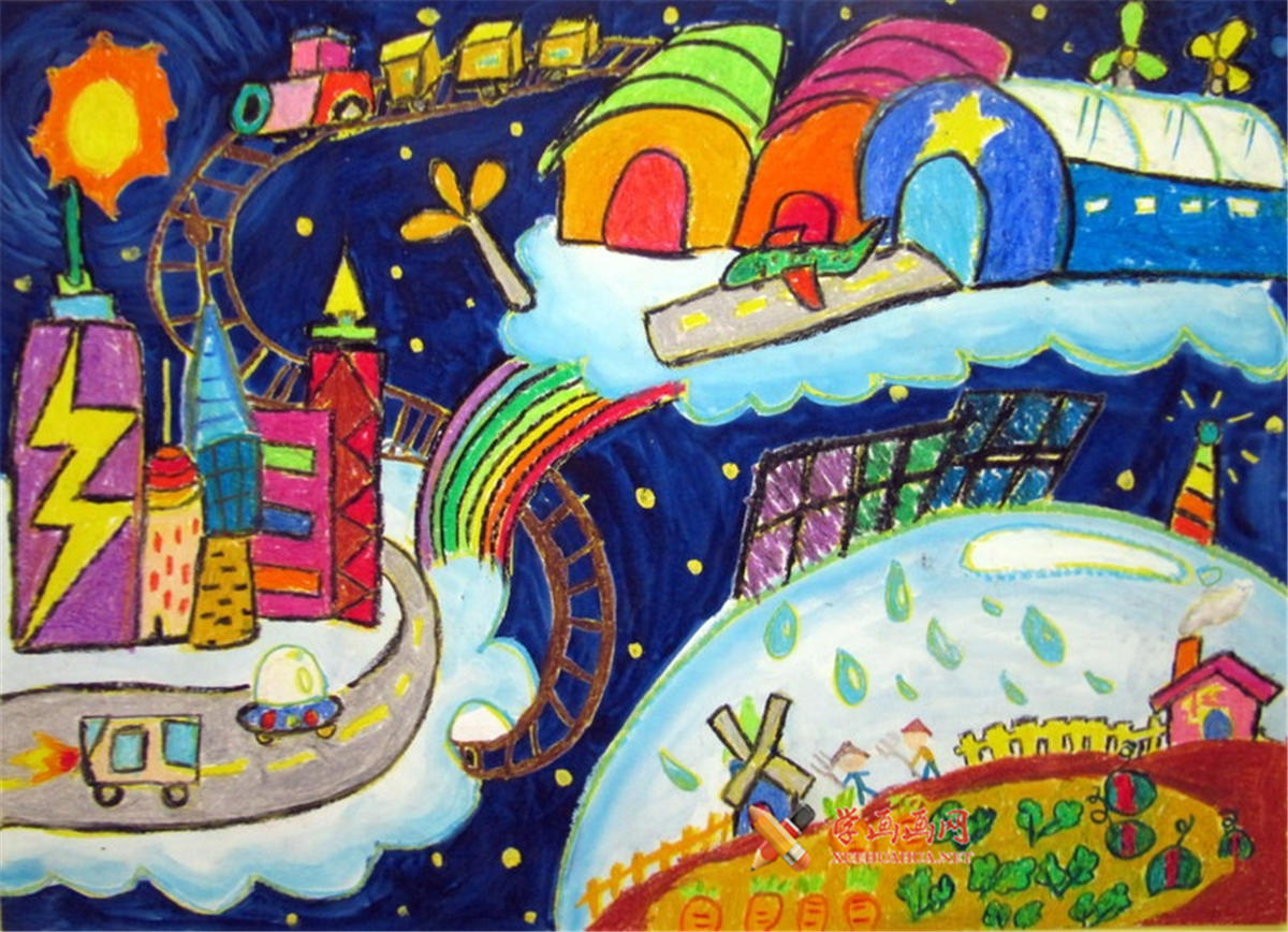 查看原始大图 二年级小学生优秀科幻画《太空城市》赏析(1)