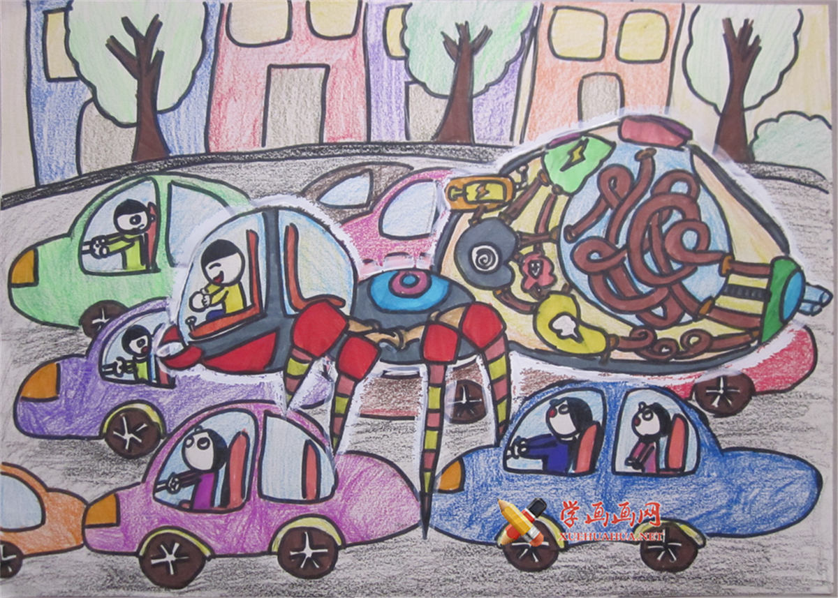 小学生五年级儿童科幻画《防堵蜘蛛车》(1)