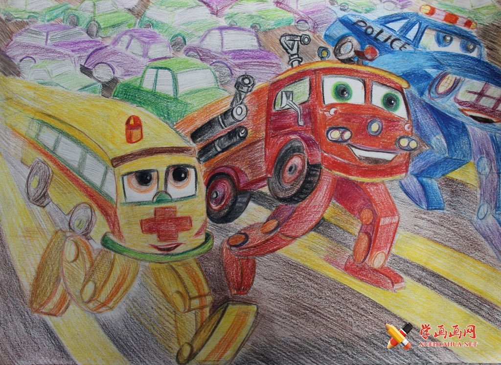 查看原始大图 小学生获奖儿童科幻画作品欣赏《不怕堵的超级特种车》(1)