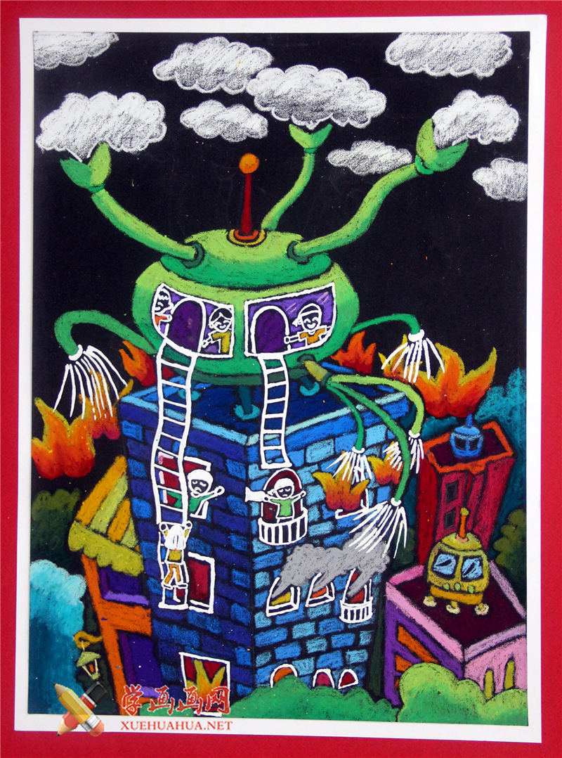 查看原始大图 五年级小学生优秀科幻画《屋顶多功能消防安全装置》赏析(1)