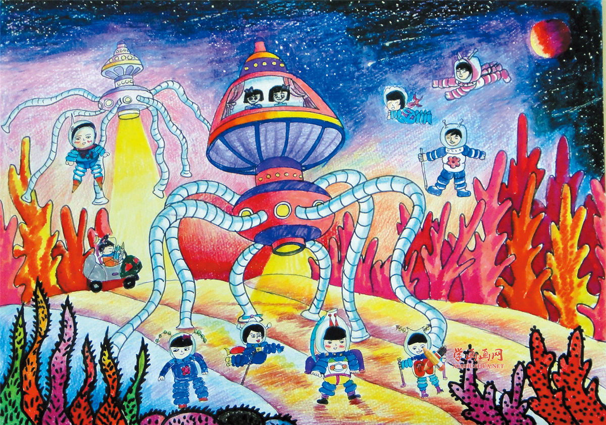 关于火星的小学生科幻画《火星探秘》(1)