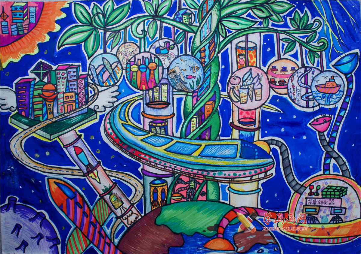 六年级小学生优秀科幻画《绿树城市》(1)