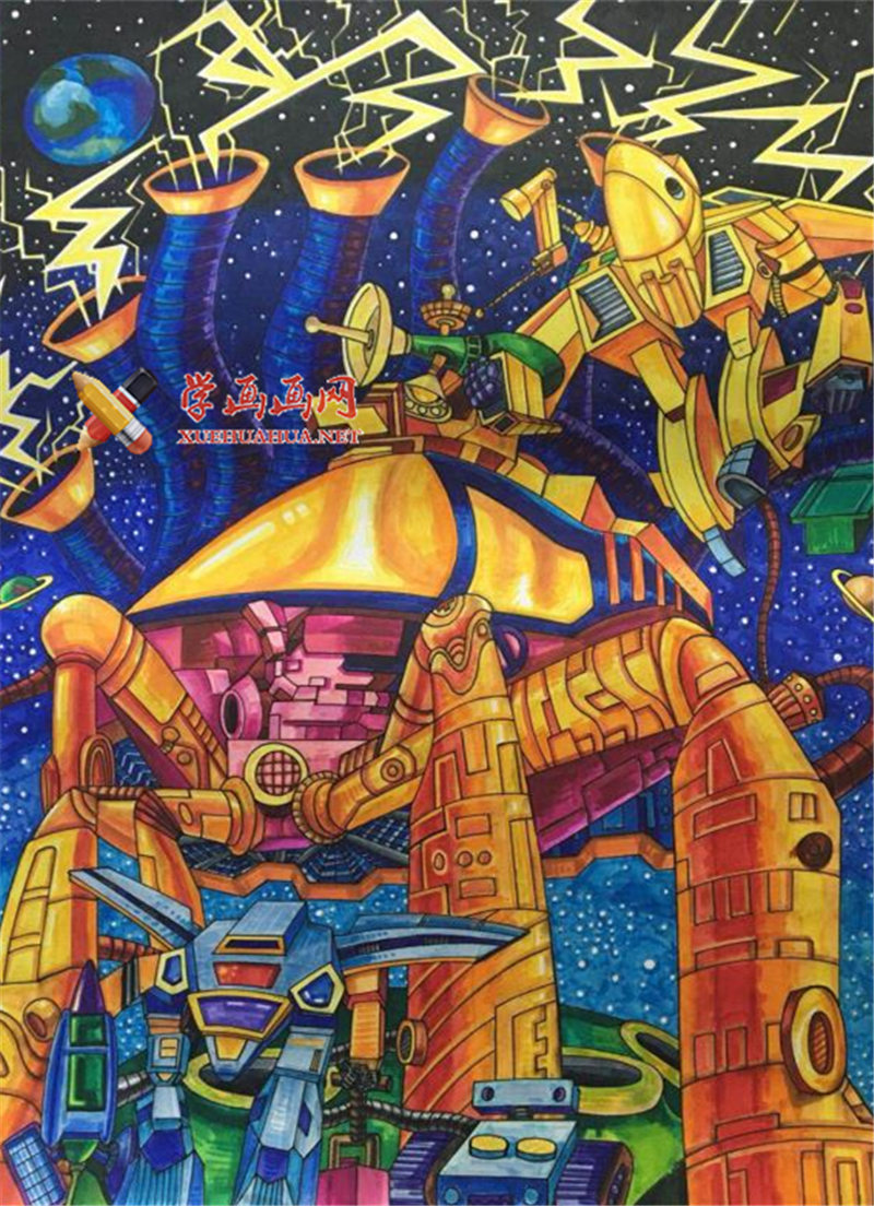 查看原始大图 一等奖中学生获奖科幻画《宇宙能源探测-开采宇航基地》(1)