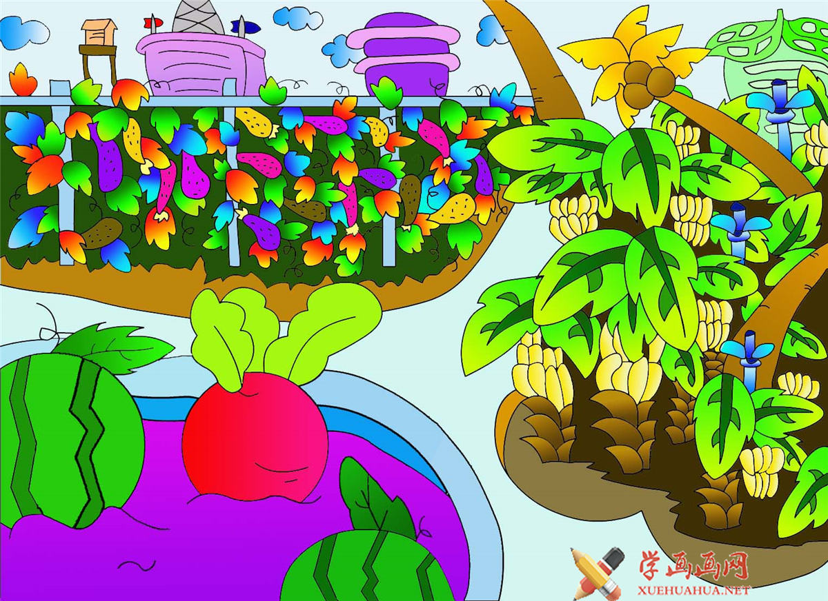 三年级小学生获奖科幻画作品《多彩蔬菜种植园》(1)