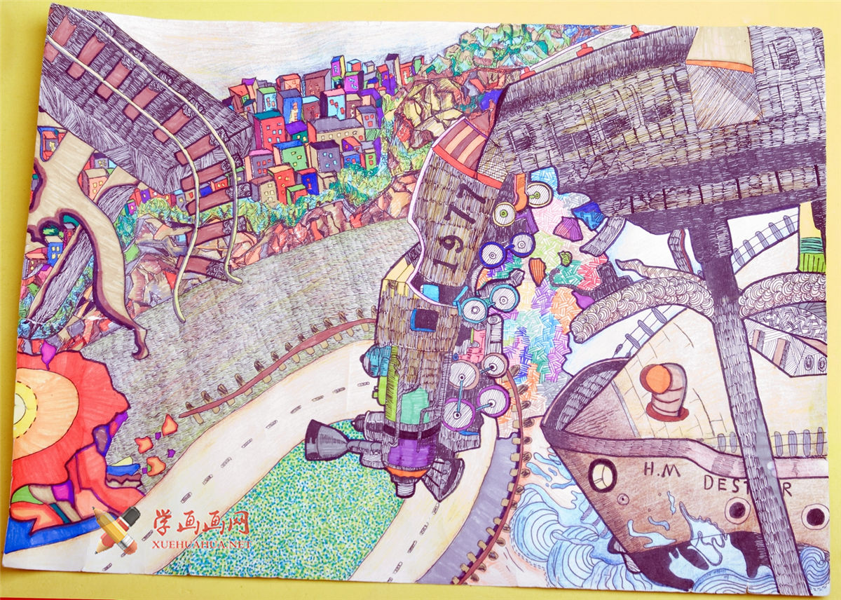 查看原始大图 二年级优秀科幻画作品《荒废中的色彩》(1)