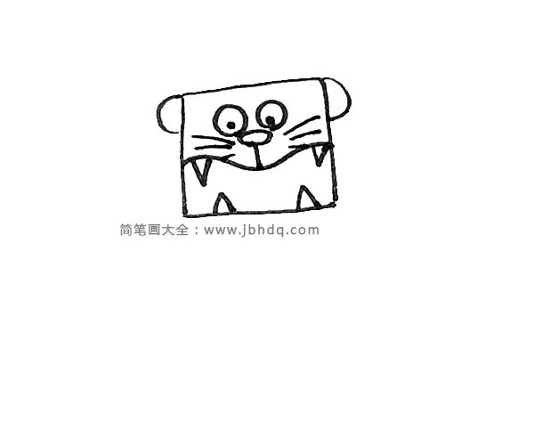 第四步：鼻子下面竖下来一条线，在左右两边画出去三条胡须。