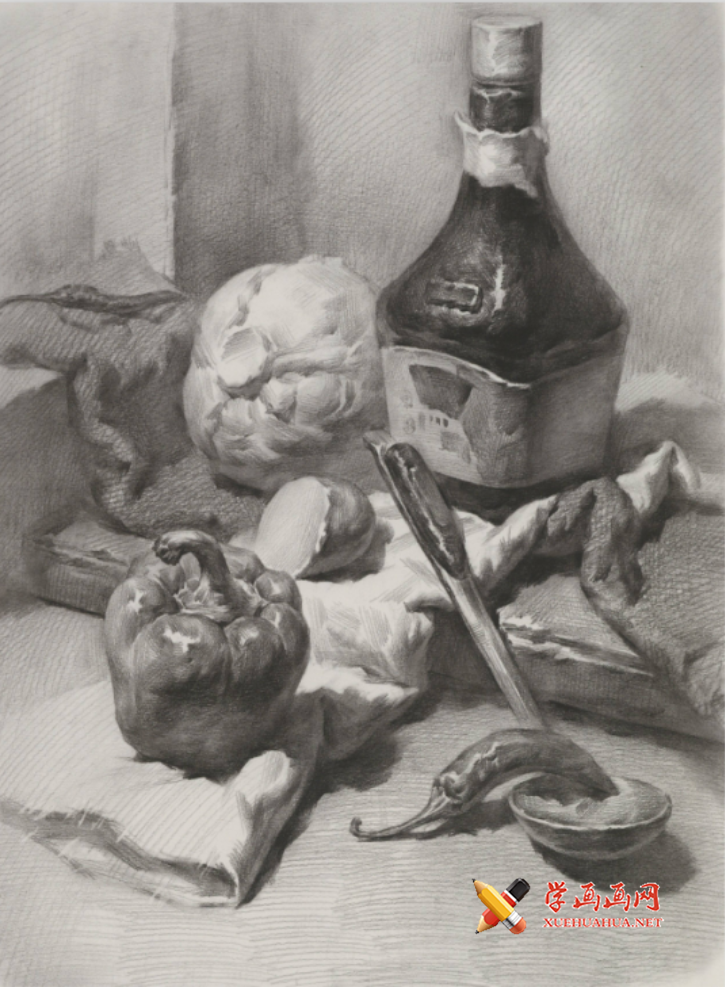 素描图片：素描静物酱油瓶、包菜、圆椒、不锈钢勺的画法素描高清临摹图片素材(1)