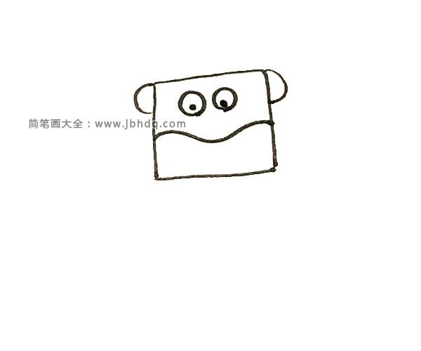 第二步：正方形里面画上一条弧线作为嘴巴，再画上两个圆圆的眼睛，点上小黑点。