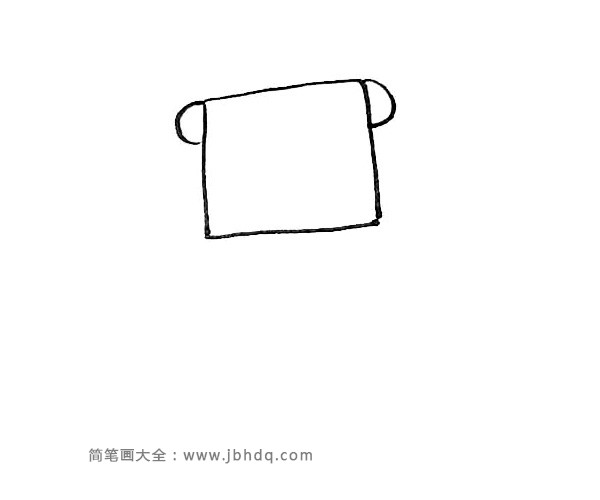 第一步：先画上一个正方形，两边画上半圆的耳朵。