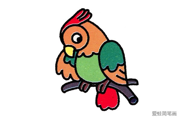 步骤四：最后就是上色的步骤啦~ 小鹦鹉的羽毛是绿色和黄色的 头上有红红的冠 枝丫是褐色的哦~