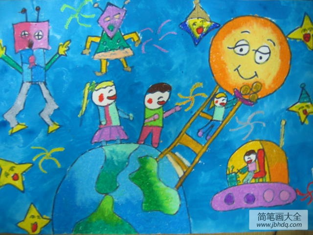 庆六一儿童节儿童画-一起到月亮上面去