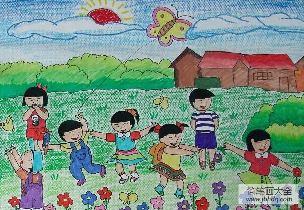 庆六一儿童节儿童画-欢快的同学们