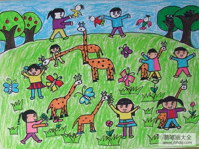 六一儿童画大全-和长颈鹿共度六一