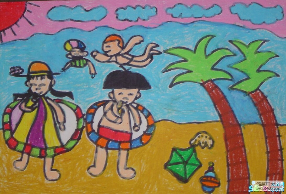 六一儿童画作品欣赏-六一去海边玩