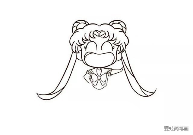 第七步:接下来画出上衣上的肩膀和胸口的蝴蝶结,蝴蝶结中间是月野兔的变身胸针。