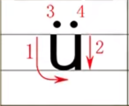 韵母ü的四线格的正确写法