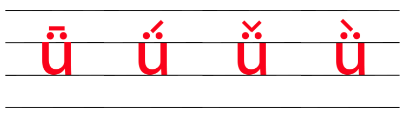 拼音ü（v）的四线格正确写法