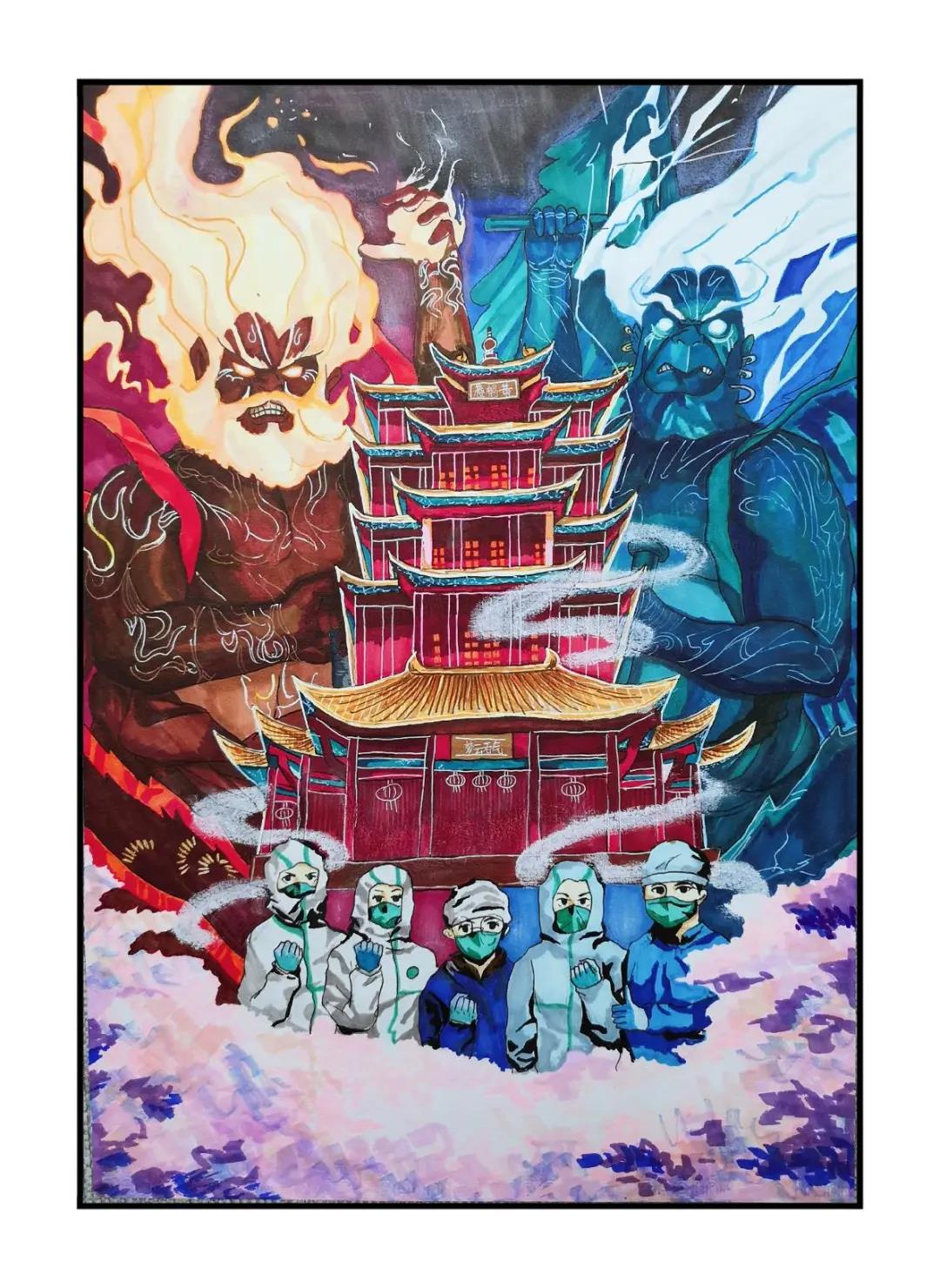 抗击疫情儿童创意画-图1
