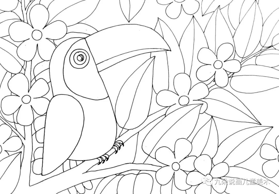 步骤3：画出花朵、树叶和树枝。这一步需要注意的是花朵和树枝树叶会有遮挡关系，要先画前面的再画后面的。这一步可以加上巨嘴鸟的尾巴啦！画完后可以黑笔勾边。