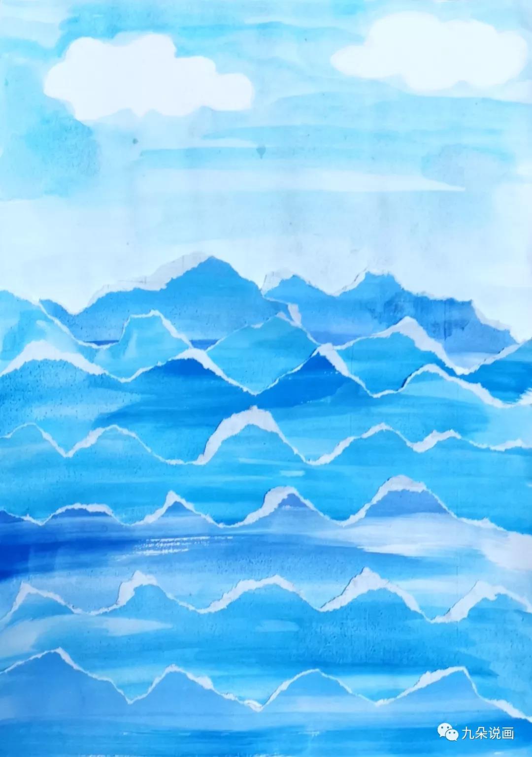 步骤8：这时候之前画的蓝色已经干透，将蓝色的纸撕成波浪状的一条条的，表示海浪，撕得时候注意撕出白边，这样粘出来效果好。并粘在另一张白纸上，白纸背后可以用水粉画上蓝天，白云空出来即可。