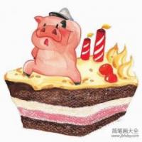 儿童画站在蛋糕上的小猪
