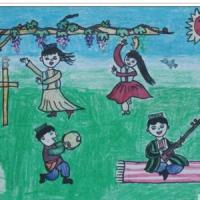 六一儿童节儿童画-跳新疆舞的小女孩