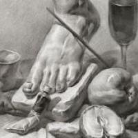 优秀素描静物画:素描苹果、石膏脚、一次性纸杯、高脚杯的组合画法高清临摹图片