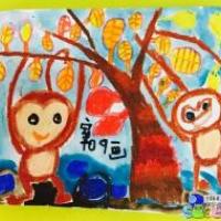 秋天主题画作品之小猴子兄弟摘果子