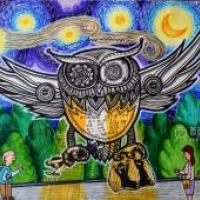 梵高星空儿童画_一等奖科幻画《黑夜中的猫头鹰警察》欣赏
