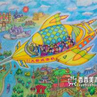 二等奖小学生科幻画《火箭式客机》赏析