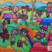 一群种树的小学生植树节主题画教师范画