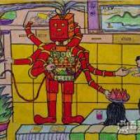 儿童科幻画《环保机器人保姆》欣赏