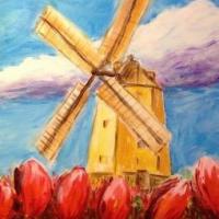 风车和郁金香荷兰风景画作品欣赏