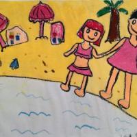 儿童水彩画作品-妈妈带我去游泳