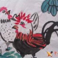 儿童水墨画欣赏《公鸡和母鸡出来觅食》
