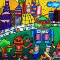 儿童科幻绘画作品大全《未来的机器人导游》