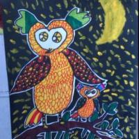 儿童吹塑版画作品-猫头鹰和它妈妈