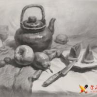 优秀素描画:中药罐、西瓜、苹果、梨、水果刀、瓷盘的素描静物组合画法高清临摹图片